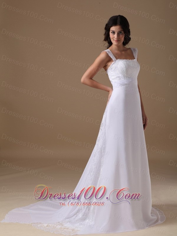 Square Chiffon Lace Straps Wedding Dress Court Train
