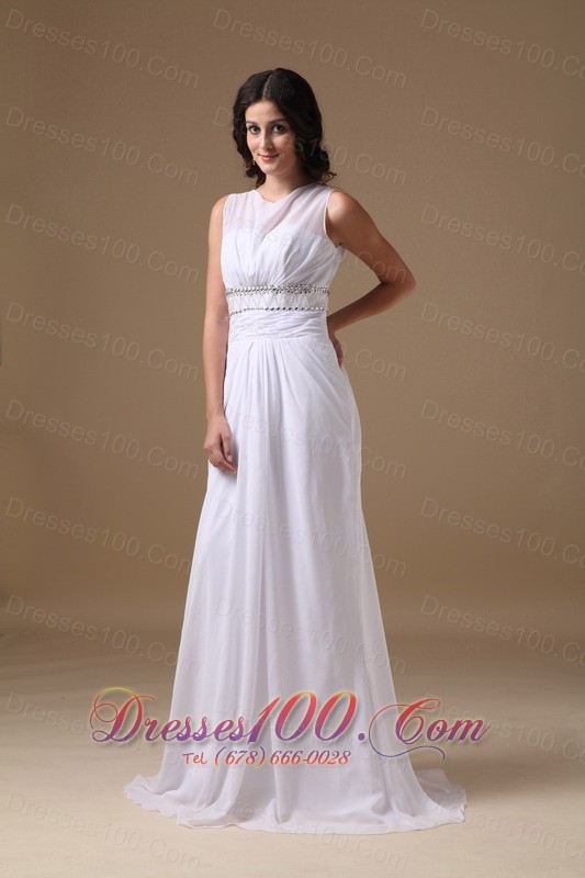 Scoop Beading Brush Train Wedding Dress Chiffon