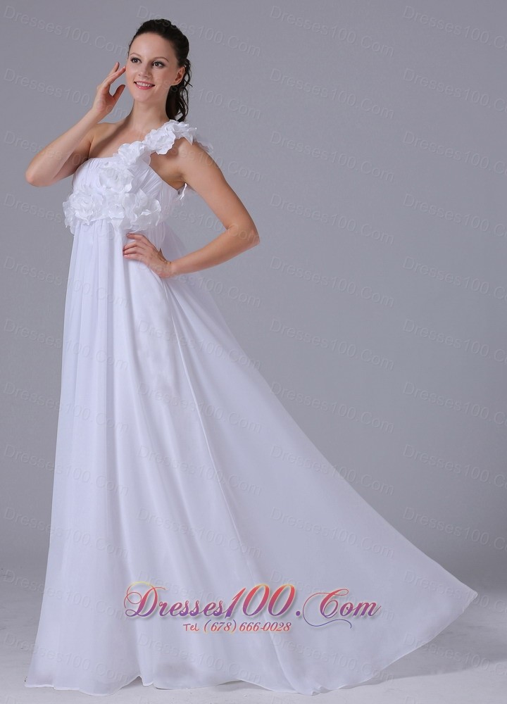 One Shoulder Hand Made Flowers Ruch Wedding Dress