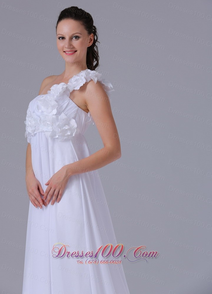 One Shoulder Hand Made Flowers Ruch Wedding Dress