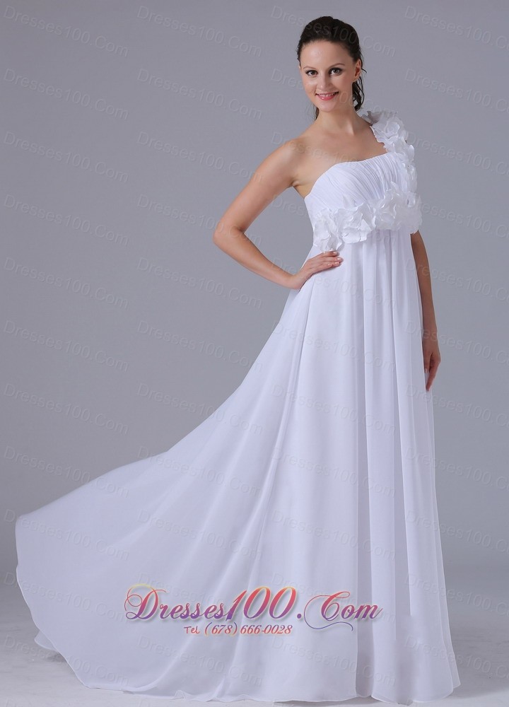 One Shoulder Hand Made Flowers Ruch Wedding Dress