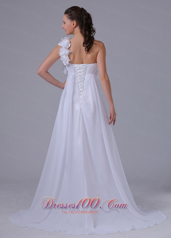 One Shoulder Hand Made Flowers Ruch Wedding Dress