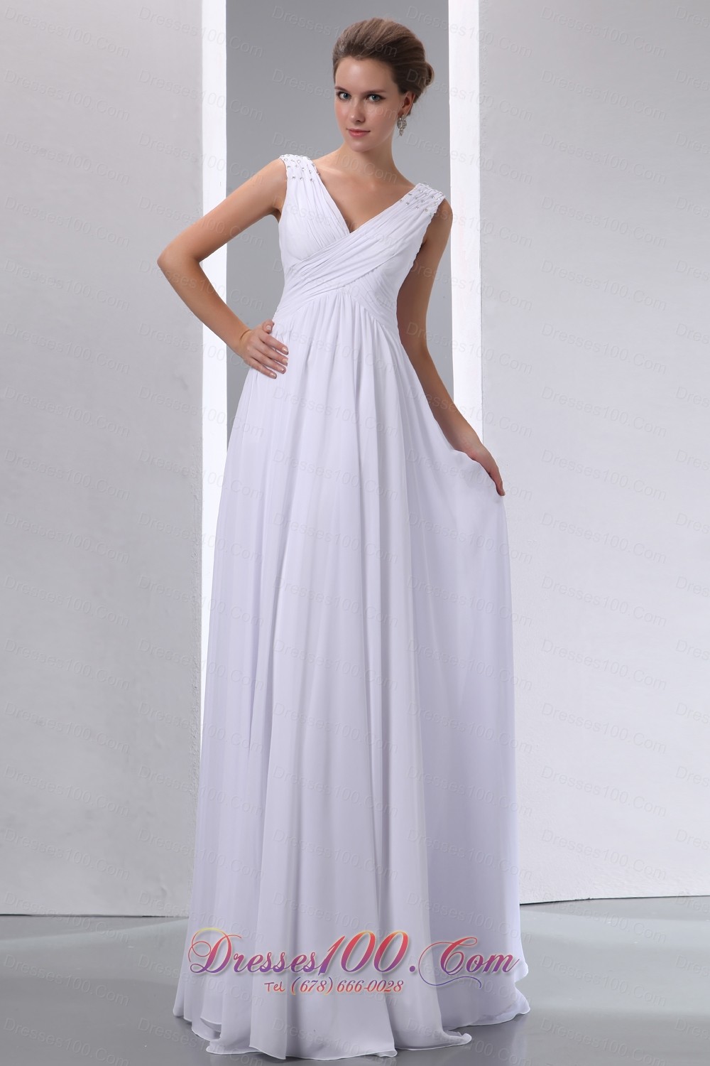Empire V-neck High-class Beaded Chiffon Wedding Dress
