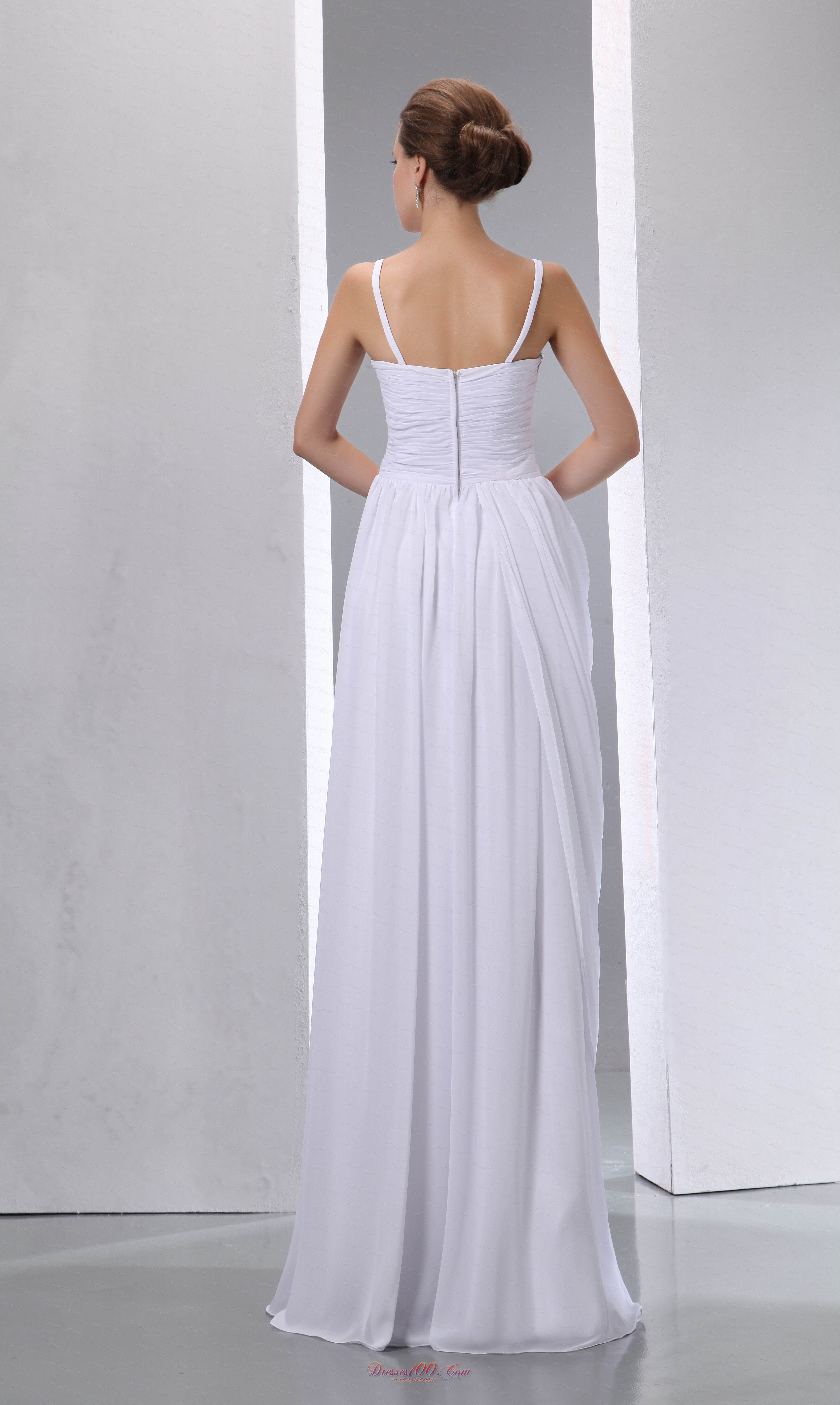 Column Spaghetti Straps Beaded and Ruched Wedding Dress