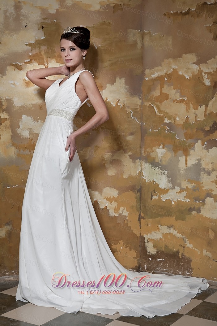 Column Affordable Court Train Beaded Wedding Dress