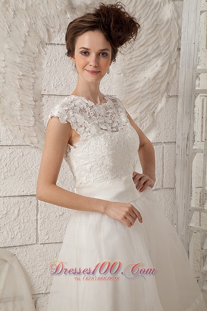 Chic A-line Scoop Beaded Wedding Dress Organza Lace