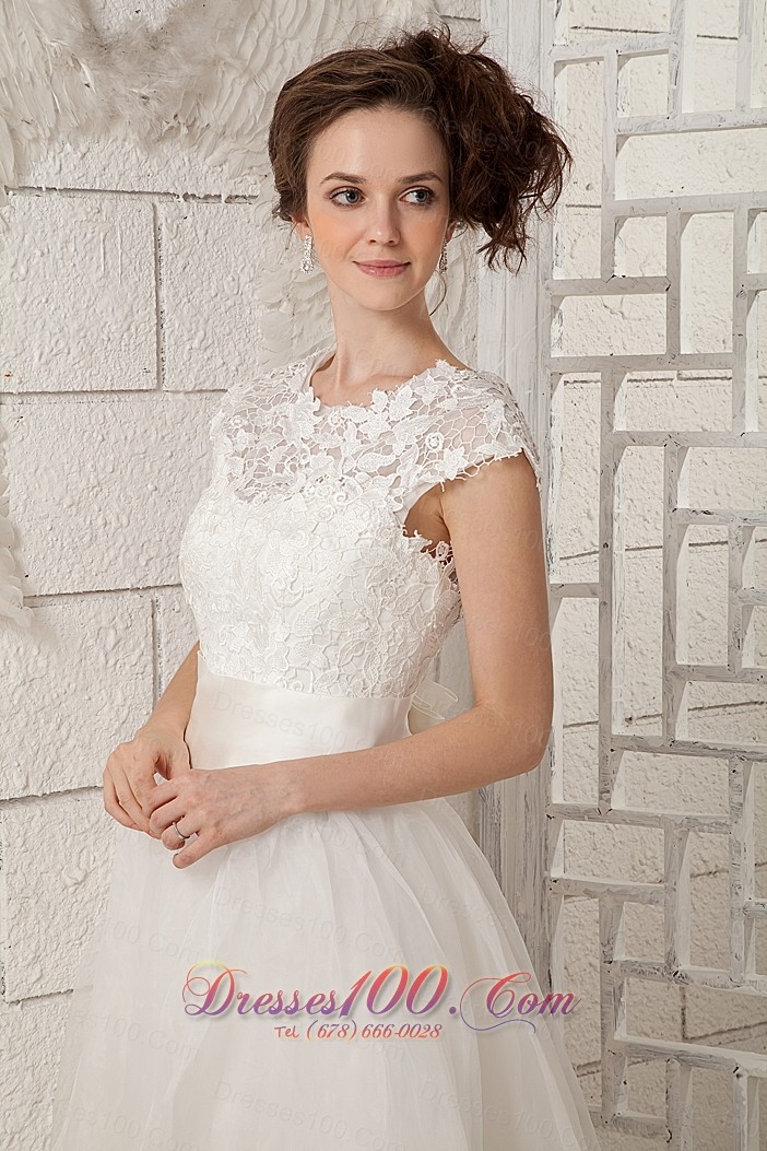 Chic A-line Scoop Beaded Wedding Dress Organza Lace