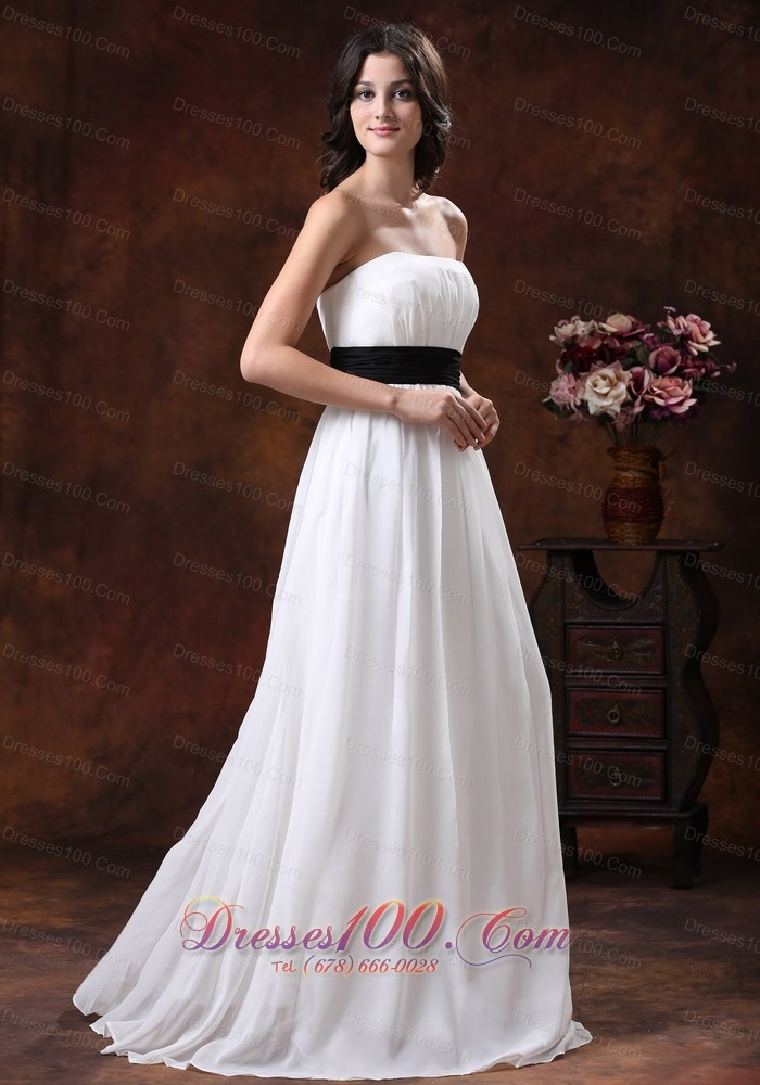White Chiffon Brush Train Wedding Dress With Black Belt