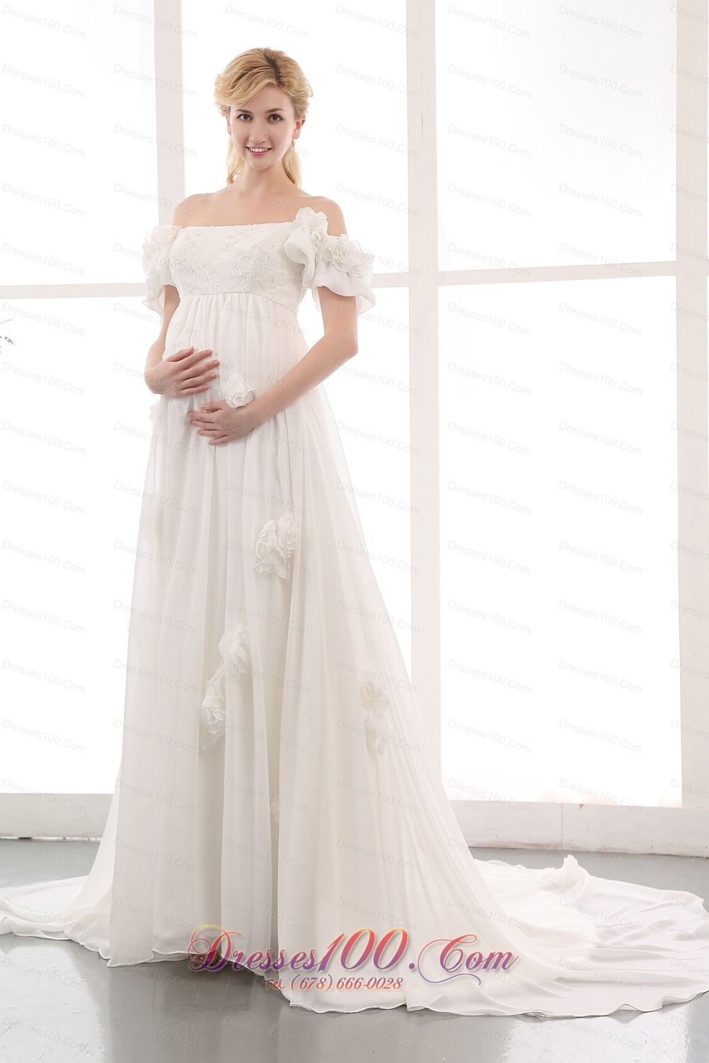 Empire Off The Shoulder Floral Wedding Dress Chiffon