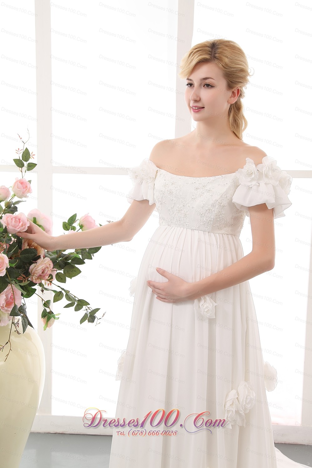 Empire Off The Shoulder Floral Wedding Dress Chiffon