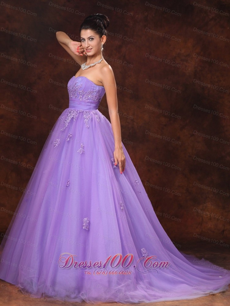 Lilac Tulle Appliques Court Train Custom Wedding Dress