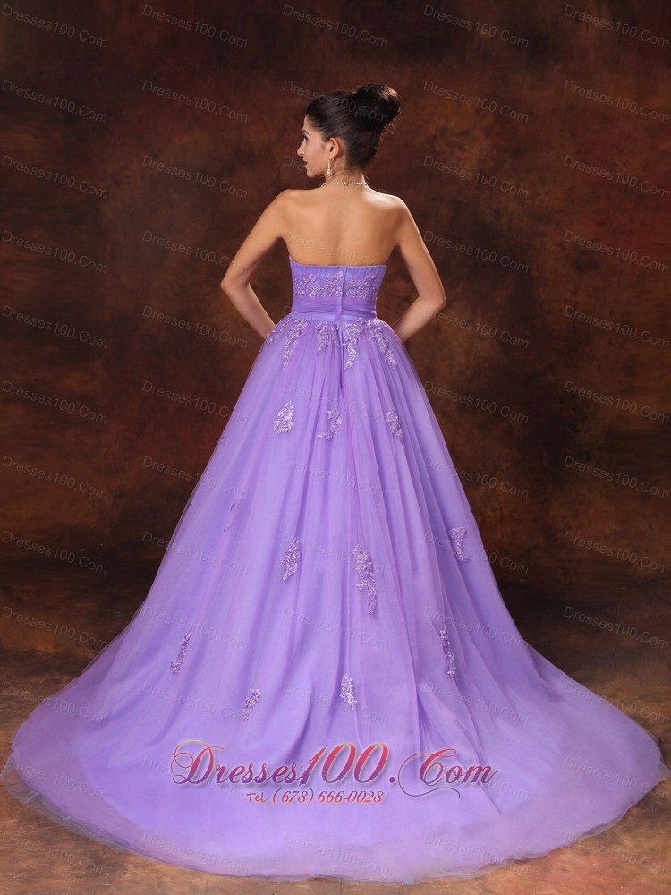 Lilac Tulle Appliques Court Train Custom Wedding Dress