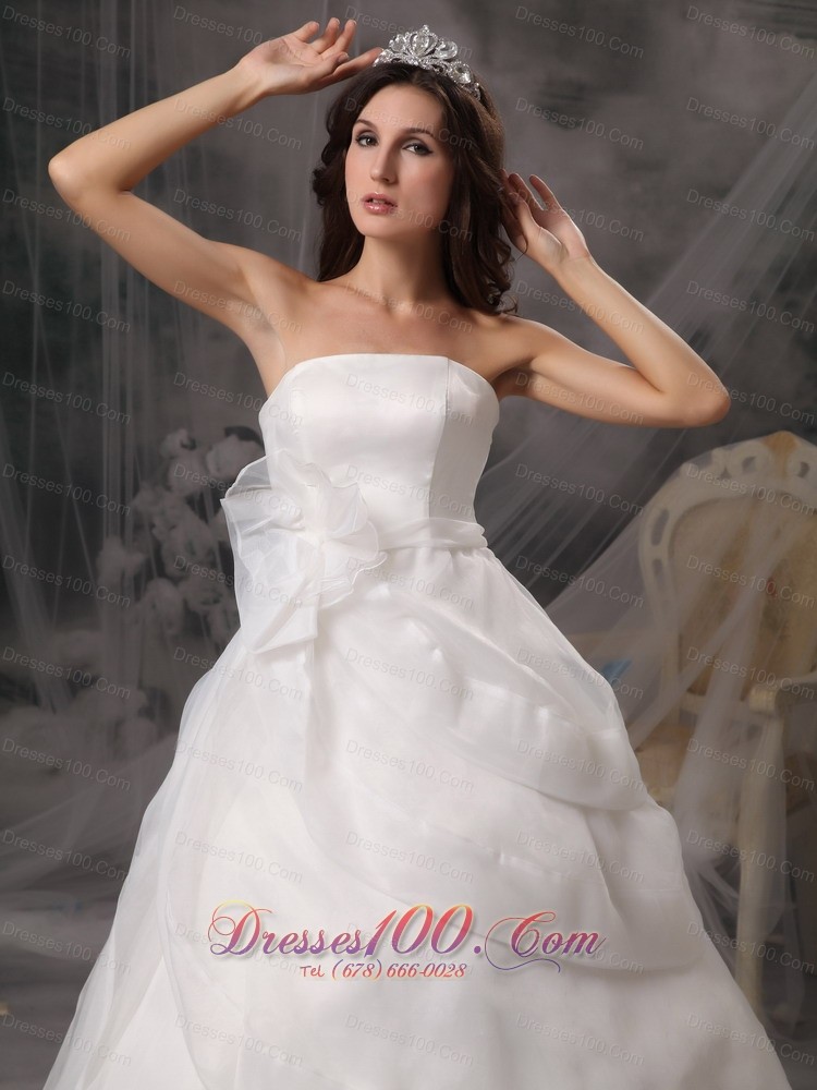 A-line Strapless Court Train Organza Wedding Dress