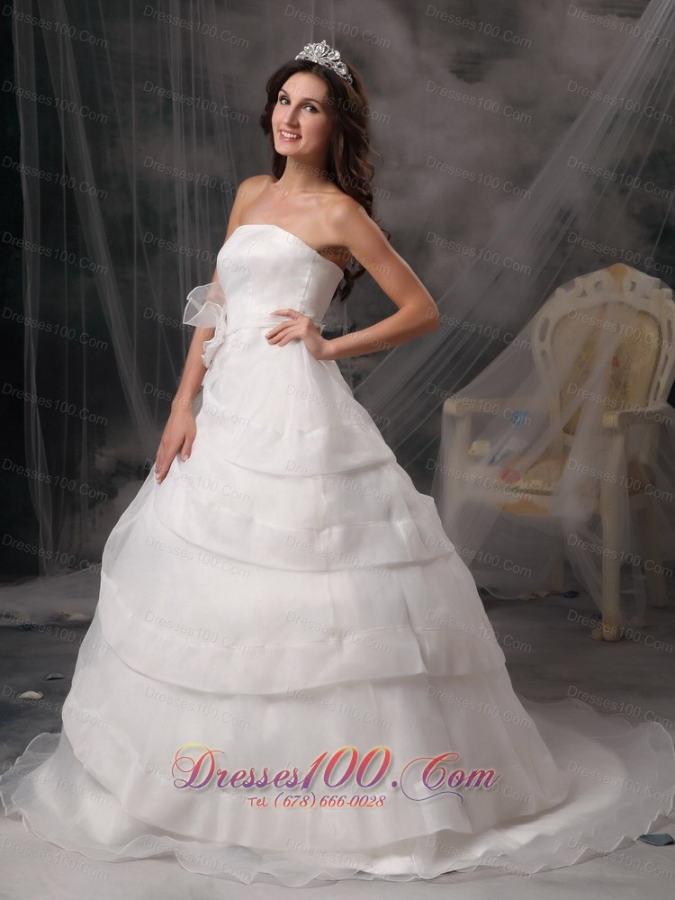 A-line Strapless Court Train Organza Wedding Dress