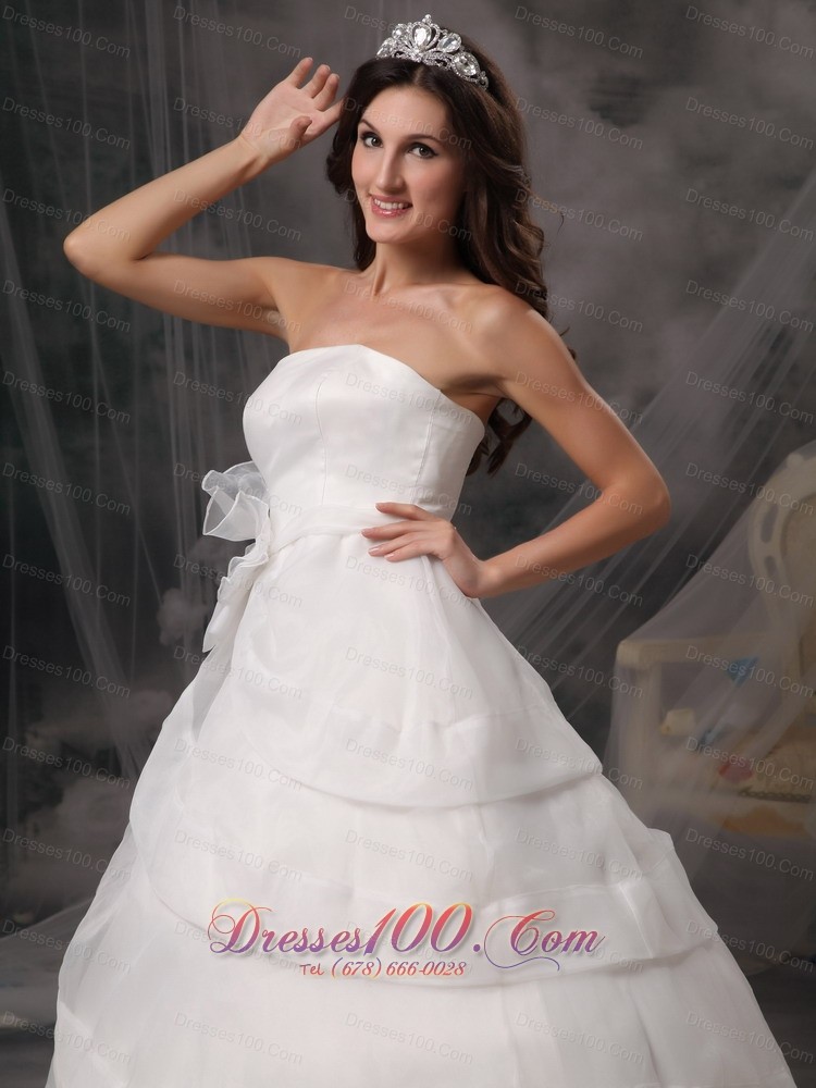 A-line Strapless Court Train Organza Wedding Dress
