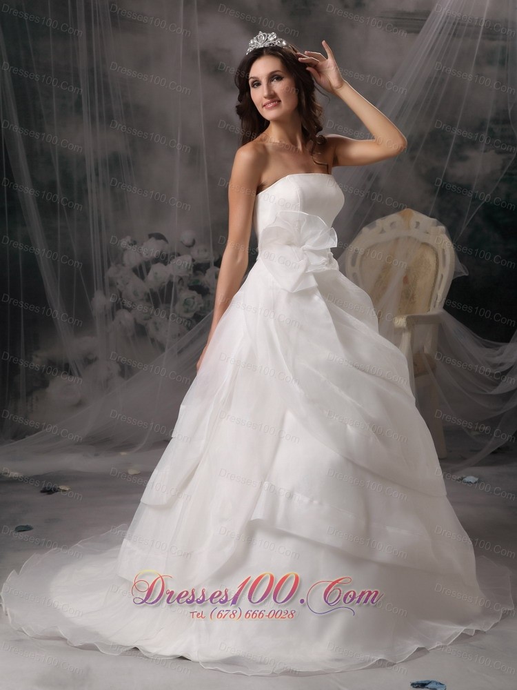 A-line Strapless Court Train Organza Wedding Dress