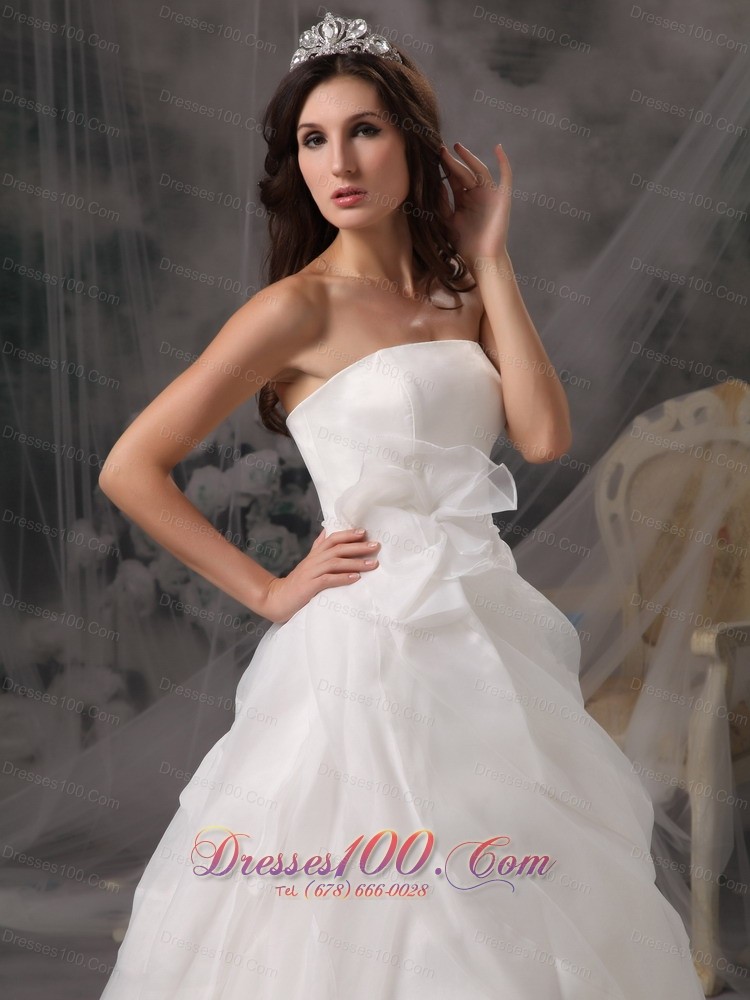 A-line Strapless Court Train Organza Wedding Dress