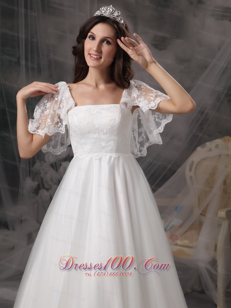 Empire Square Cheap Wedding Dress Tulle Lace Appliques
