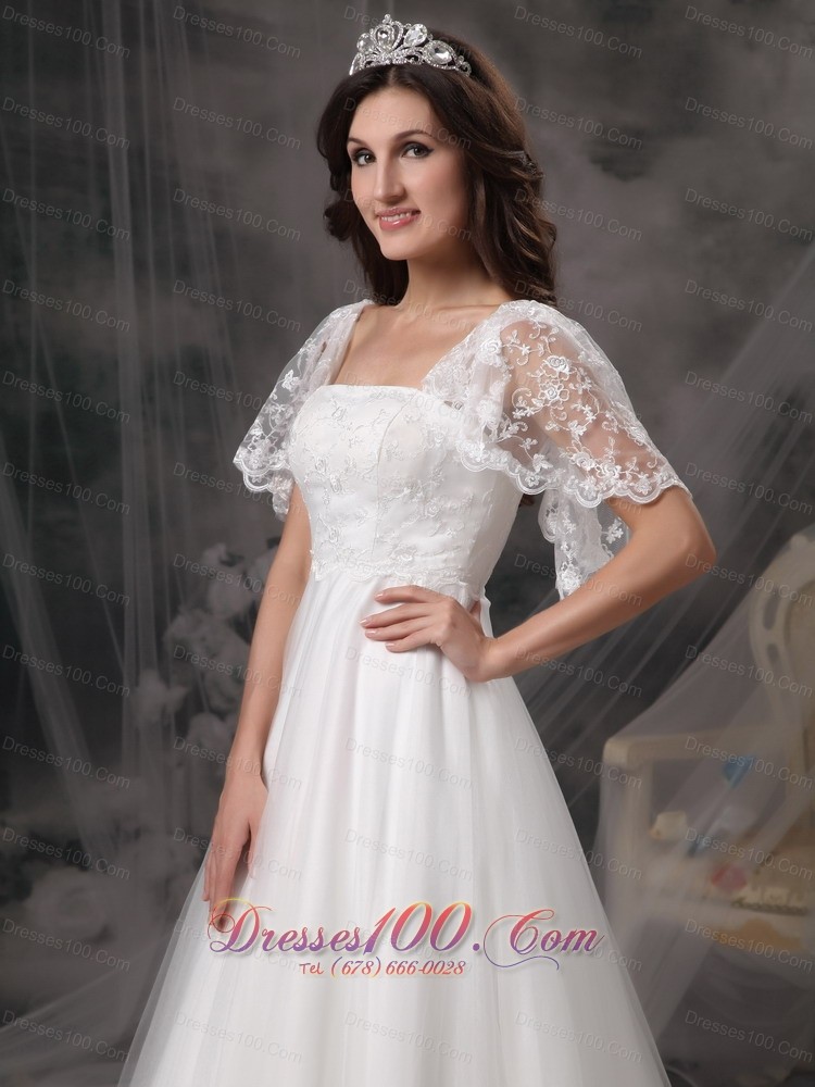 Empire Square Cheap Wedding Dress Tulle Lace Appliques
