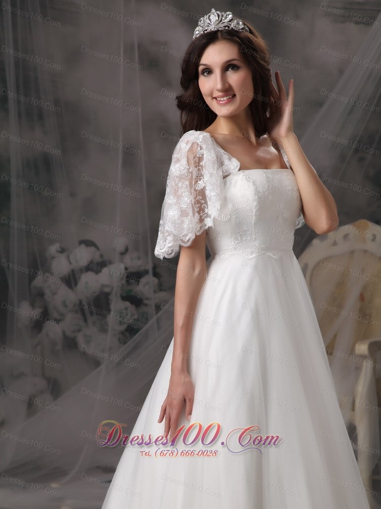 Empire Square Cheap Wedding Dress Tulle Lace Appliques