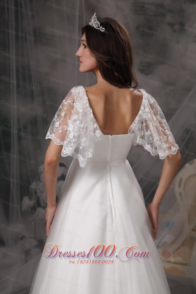 Empire Square Cheap Wedding Dress Tulle Lace Appliques