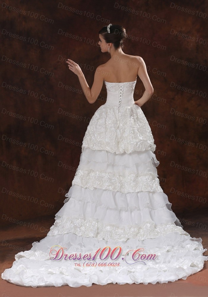 Beautiful High-low White Wedding Dress Rolling Flowers
