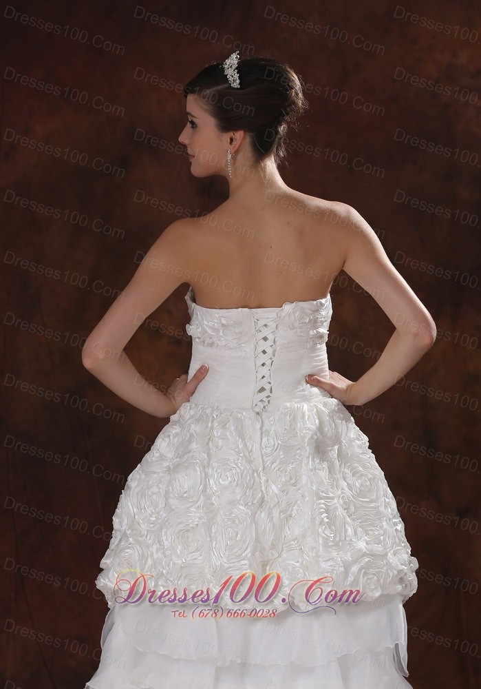 Beautiful High-low White Wedding Dress Rolling Flowers