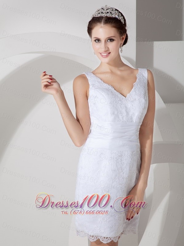 Clearance Column V-neck Short Wedding Dress Satin Lace
