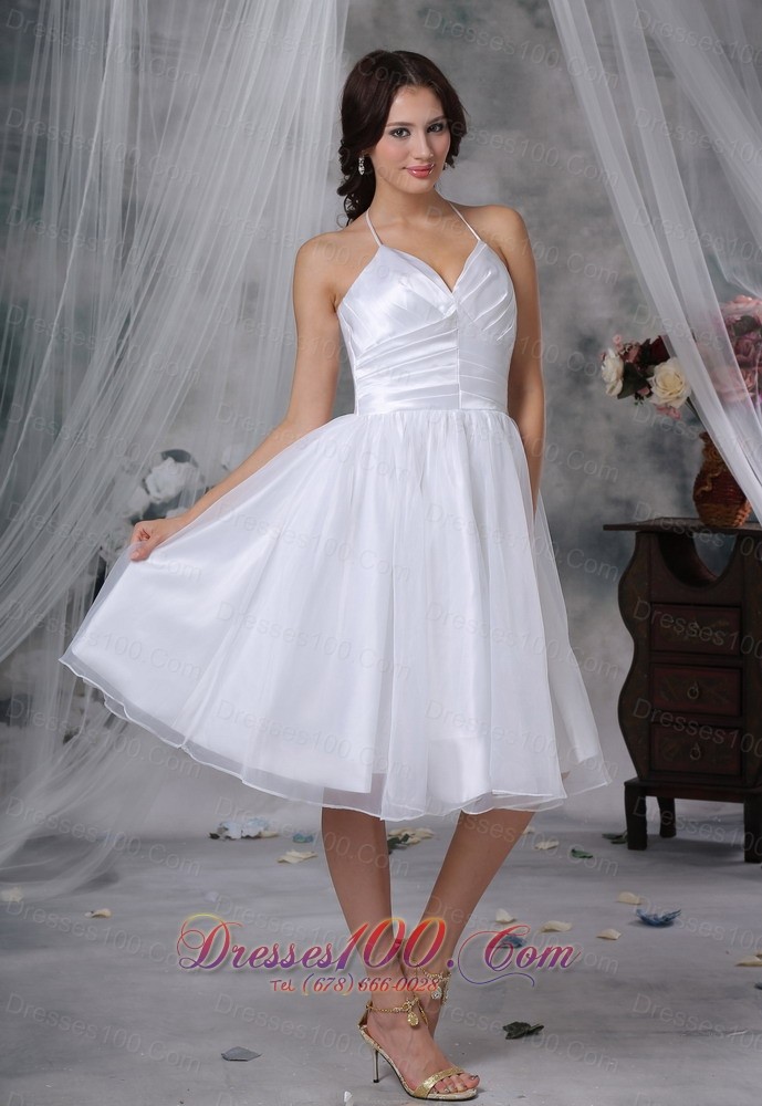 Halter Knee-length Organza Ruched Bodice Short Wedding Dress