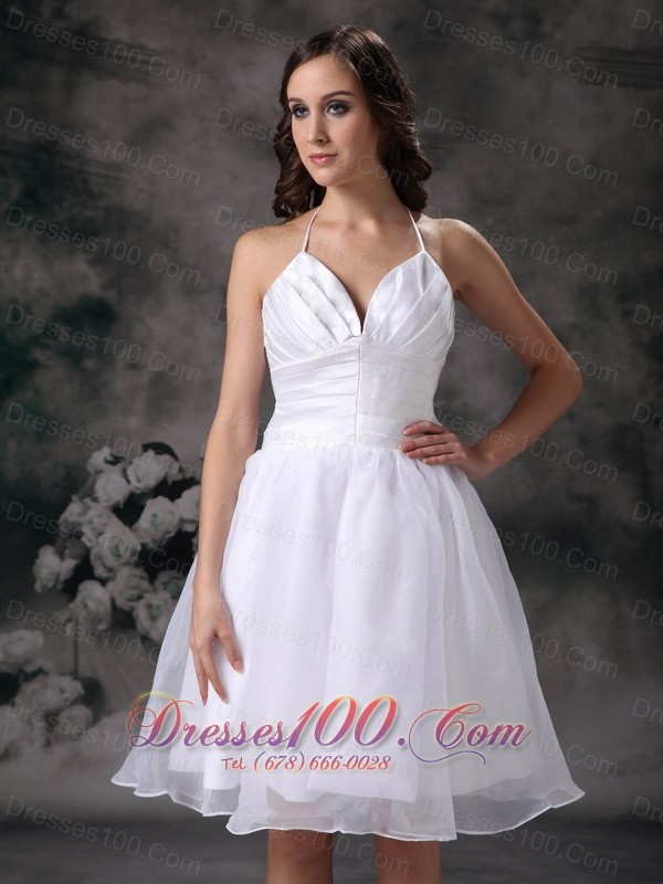 White Classy Halter Short Organza Ruch Staps Wedding Dress