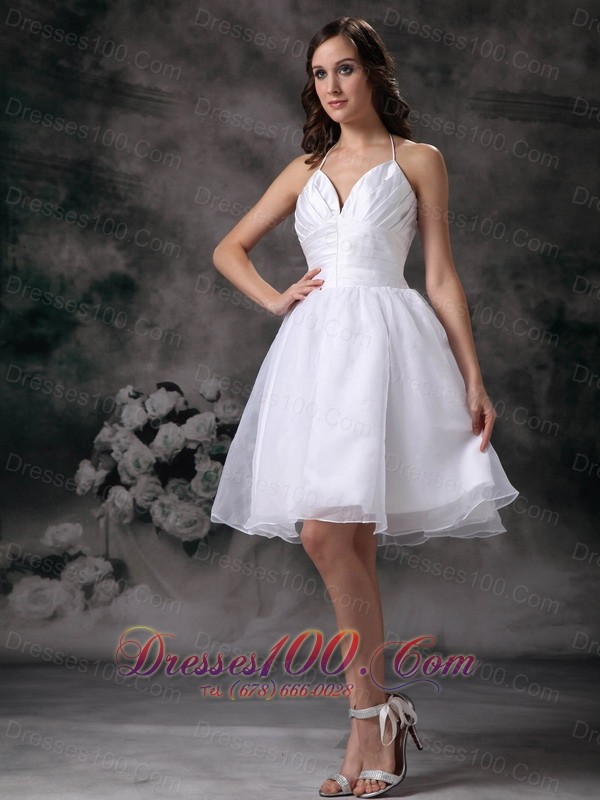 White Classy Halter Short Organza Ruch Staps Wedding Dress
