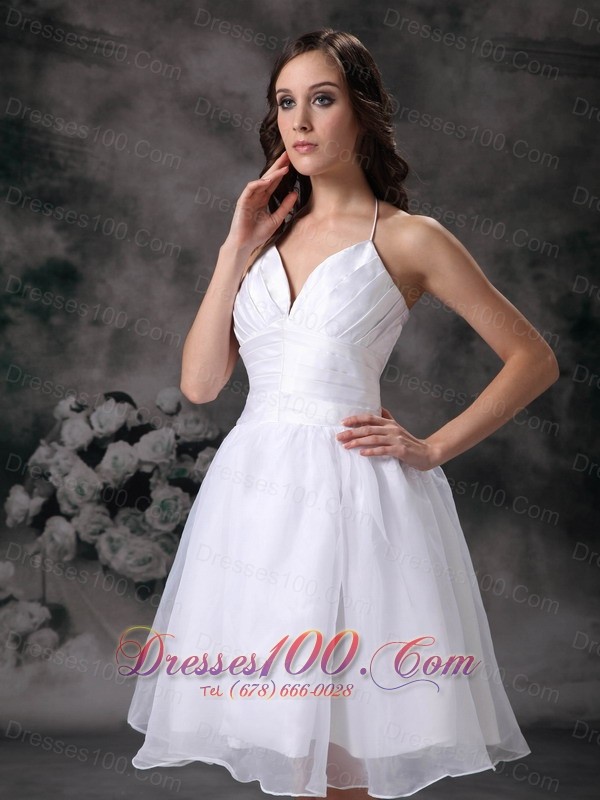 White Classy Halter Short Organza Ruch Staps Wedding Dress