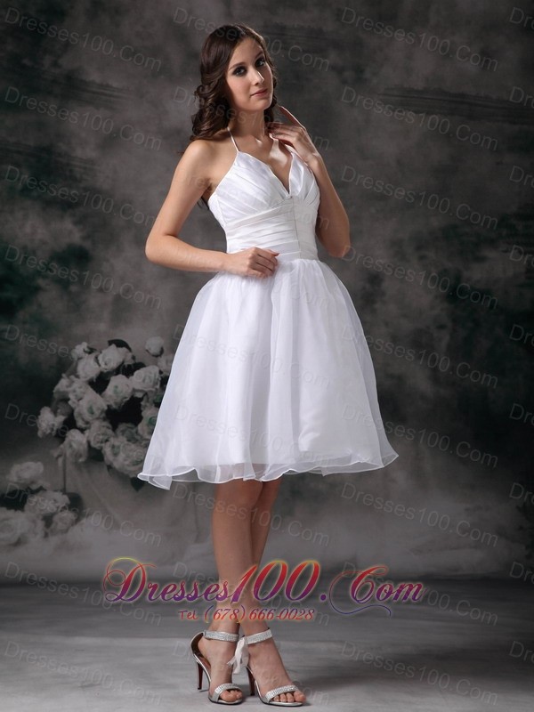 White Classy Halter Short Organza Ruch Staps Wedding Dress