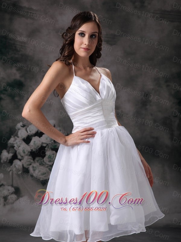 White Classy Halter Short Organza Ruch Staps Wedding Dress