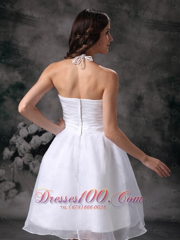 White Classy Halter Short Organza Ruch Staps Wedding Dress
