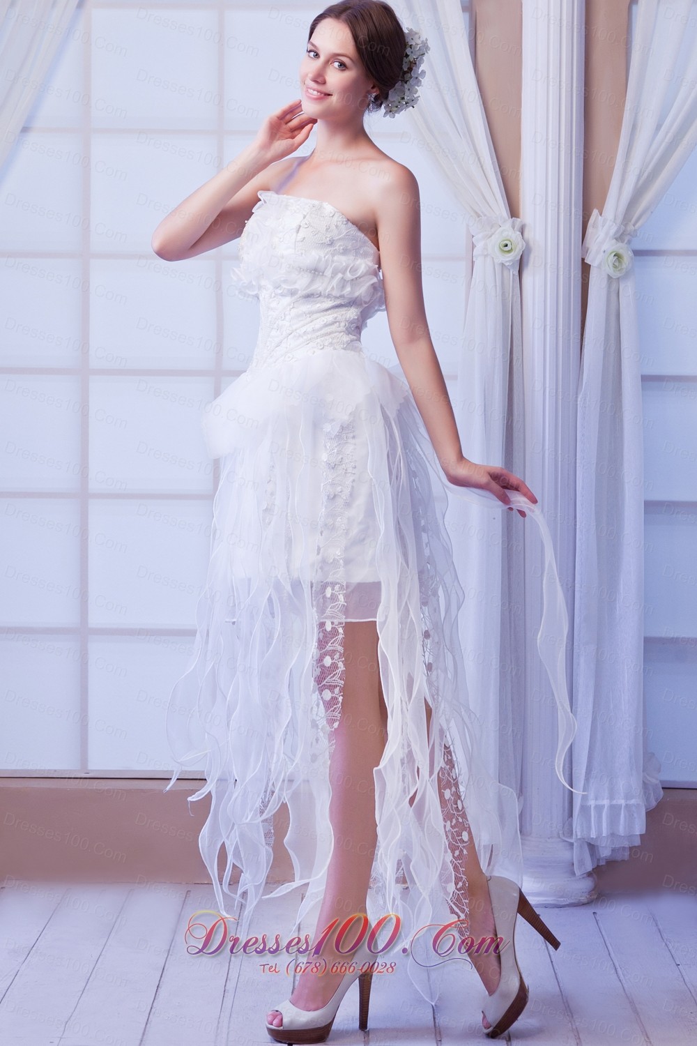 White Column Asymmetrical Organza Evening Prom Dress