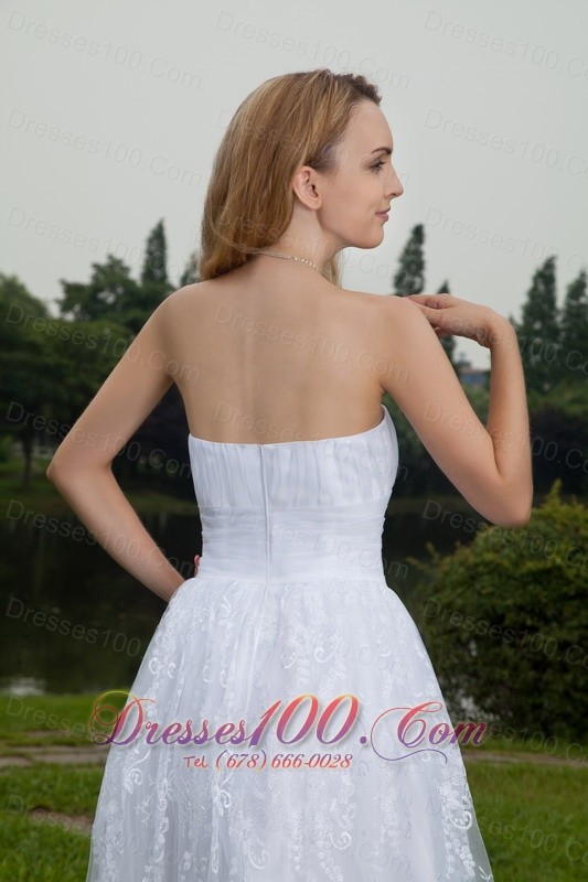 A-Line Strapless Chiffon and Lace Ruch Wedding Gown