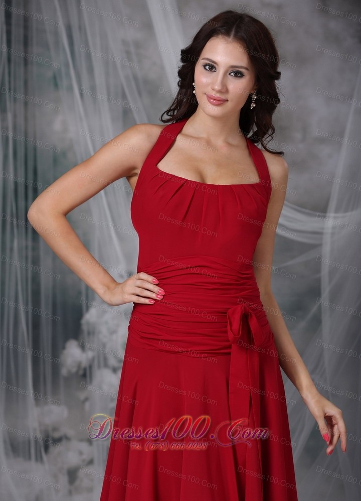 Wine Red Bow Halter Dress for Prom Party Tea-length