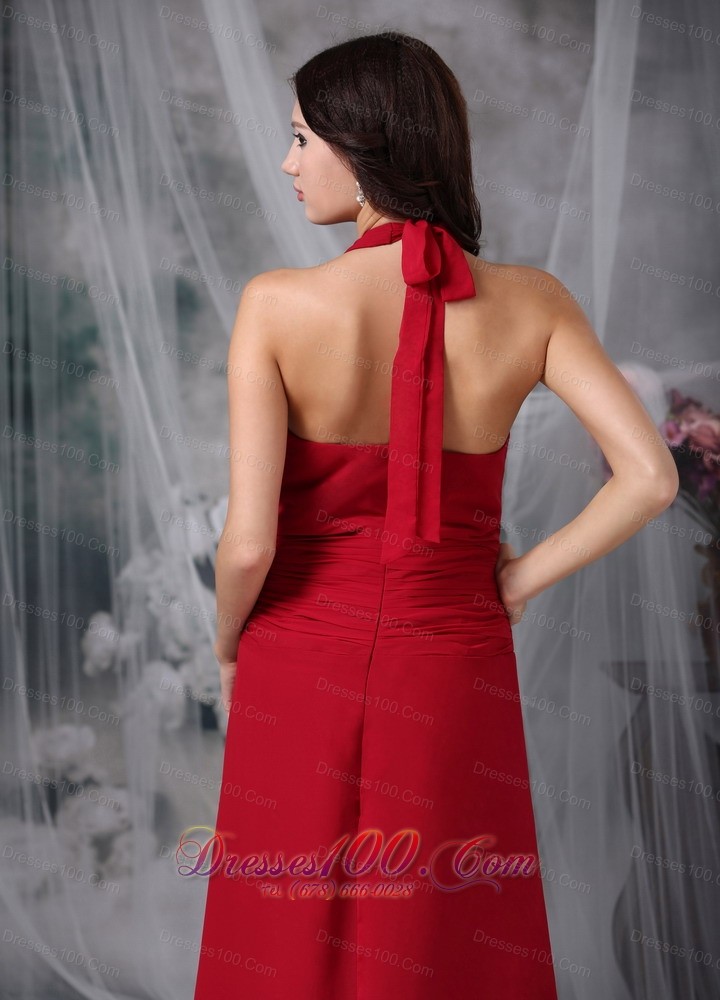 Wine Red Bow Halter Dress for Prom Party Tea-length