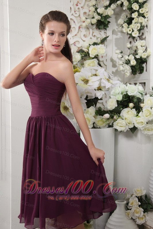 Grape Tea-length Pleat Bridesmaid Dress Empire Sweetheart