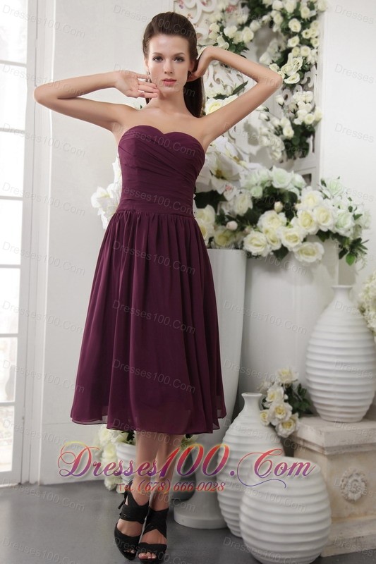 Grape Tea-length Pleat Bridesmaid Dress Empire Sweetheart