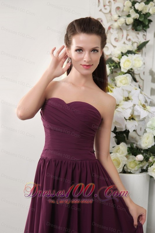Grape Tea-length Pleat Bridesmaid Dress Empire Sweetheart
