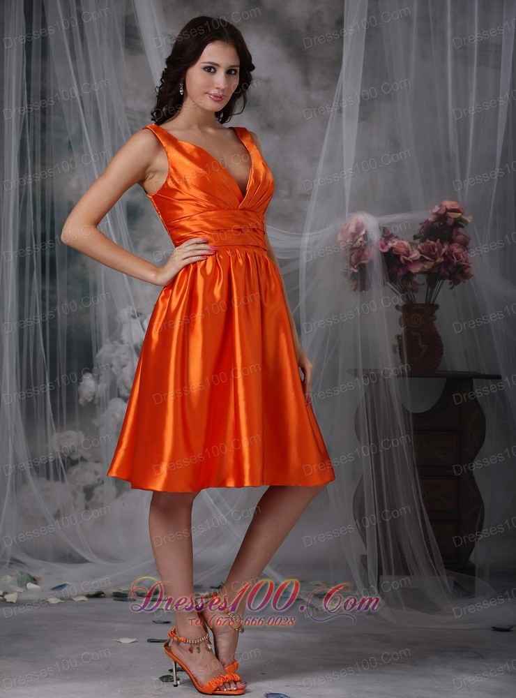 V-neck Knee-length Orange Red Prom Dress Column