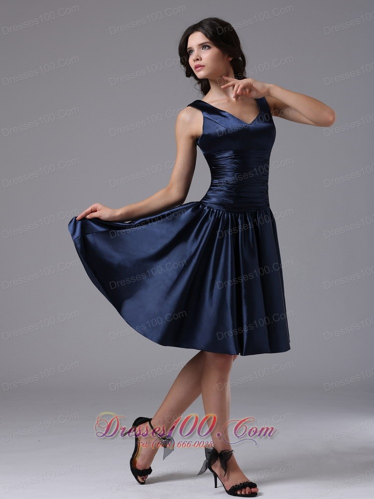 Empire V-neck Ruching Navy Blue Bridesmaid Dress