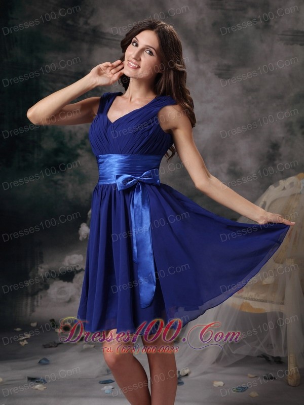 Empire Peacock Blue V-neck Cocktail Dress Sash Chiffon