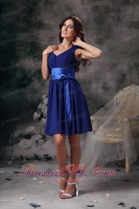 Empire Peacock Blue V-neck Cocktail Dress Sash Chiffon