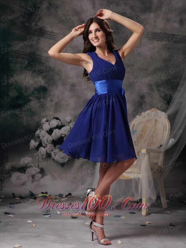 Empire Peacock Blue V-neck Cocktail Dress Sash Chiffon