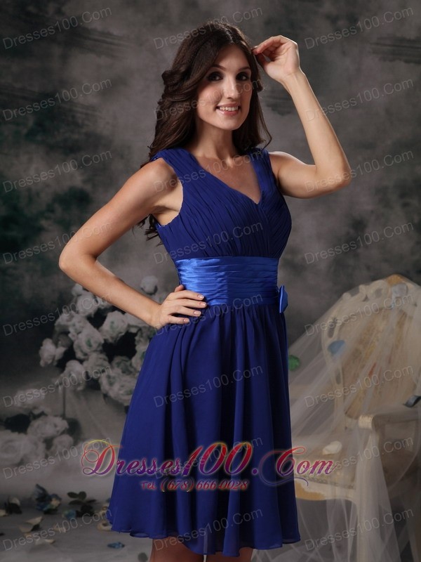 Empire Peacock Blue V-neck Cocktail Dress Sash Chiffon