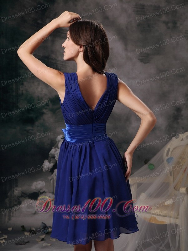 Empire Peacock Blue V-neck Cocktail Dress Sash Chiffon