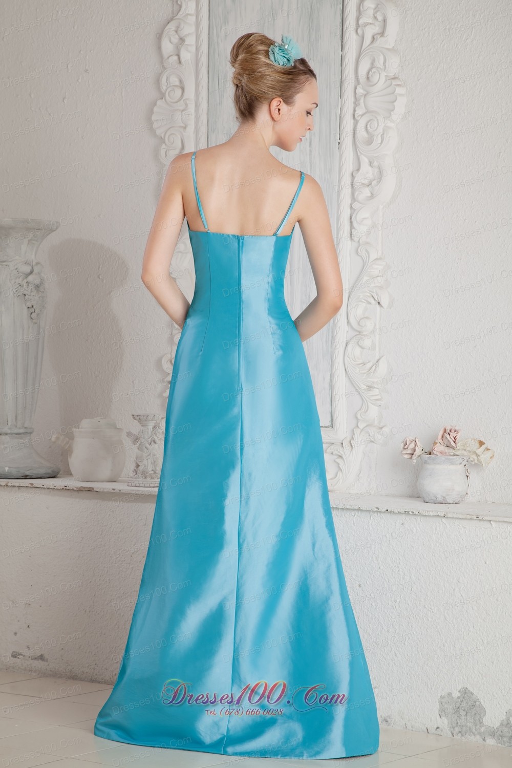 Aqua Blue Column Straps Bridesmaid Dress Beads Ruched